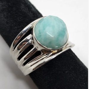 Faceted Pale Blue Larimar & Triple Shank Sterling Silver Boutique Ring Sz 7•3/4